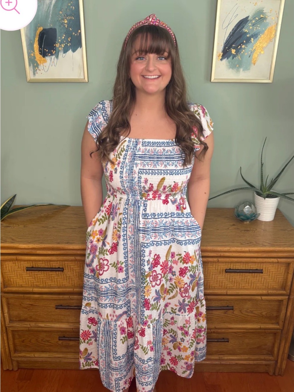 Square-Neck Floral Midi Dress in White with Multicolor Print
